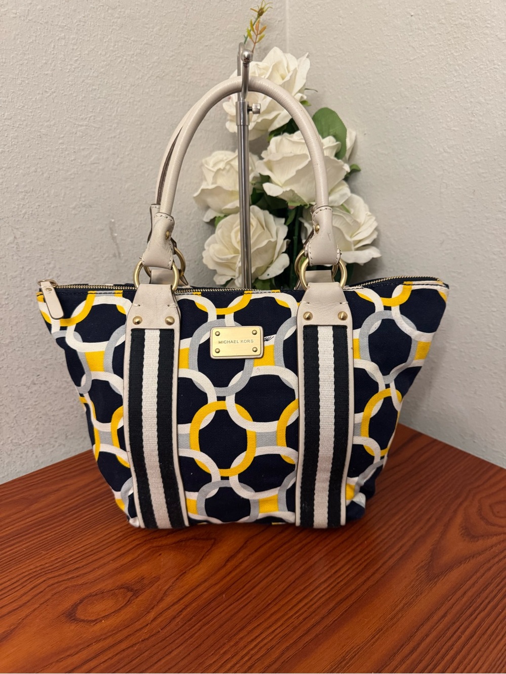 Michael Kors Navy, Yellow & White Geometric Canvas Tote